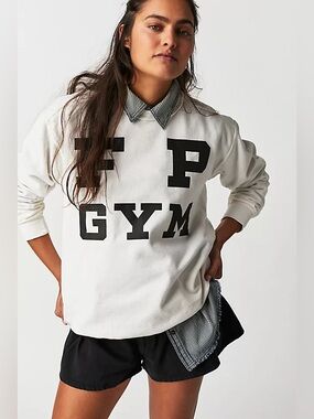 Free People Ivory FP Gym Crew Ivory  Graphic 'GYM' Pullover Sweatshirt